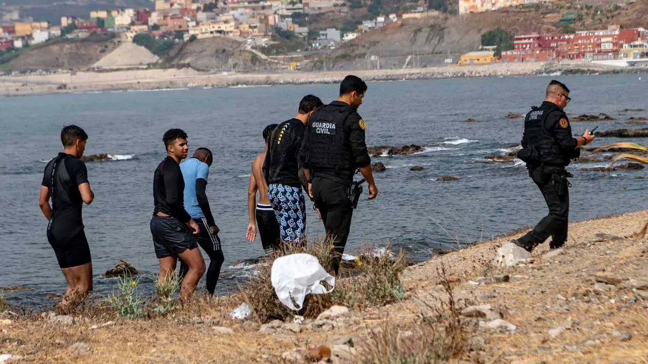 CEUTA, SPAIN &ndash; JULY 29, 2026: Spanish and Moroccan maritime patrols, supported by Spain's Maritime Rescue service, conduct rescue operations off the southern coast of Ceuta after a sharp increase in migrant arrivals to the Spanish enclave in North Africa. Nearly 2,000 migrants have reached Ceuta over the past two weeks, most by swimming around the Tarajal breakwater separating Spain from Morocco. The arrivals include hundreds of unaccompanied minors, prompting local authorities to warn that child protection facilities have been overwhelmed as rescue and border surveillance operations continue. Photo by Antonio Sempere / JNA Press