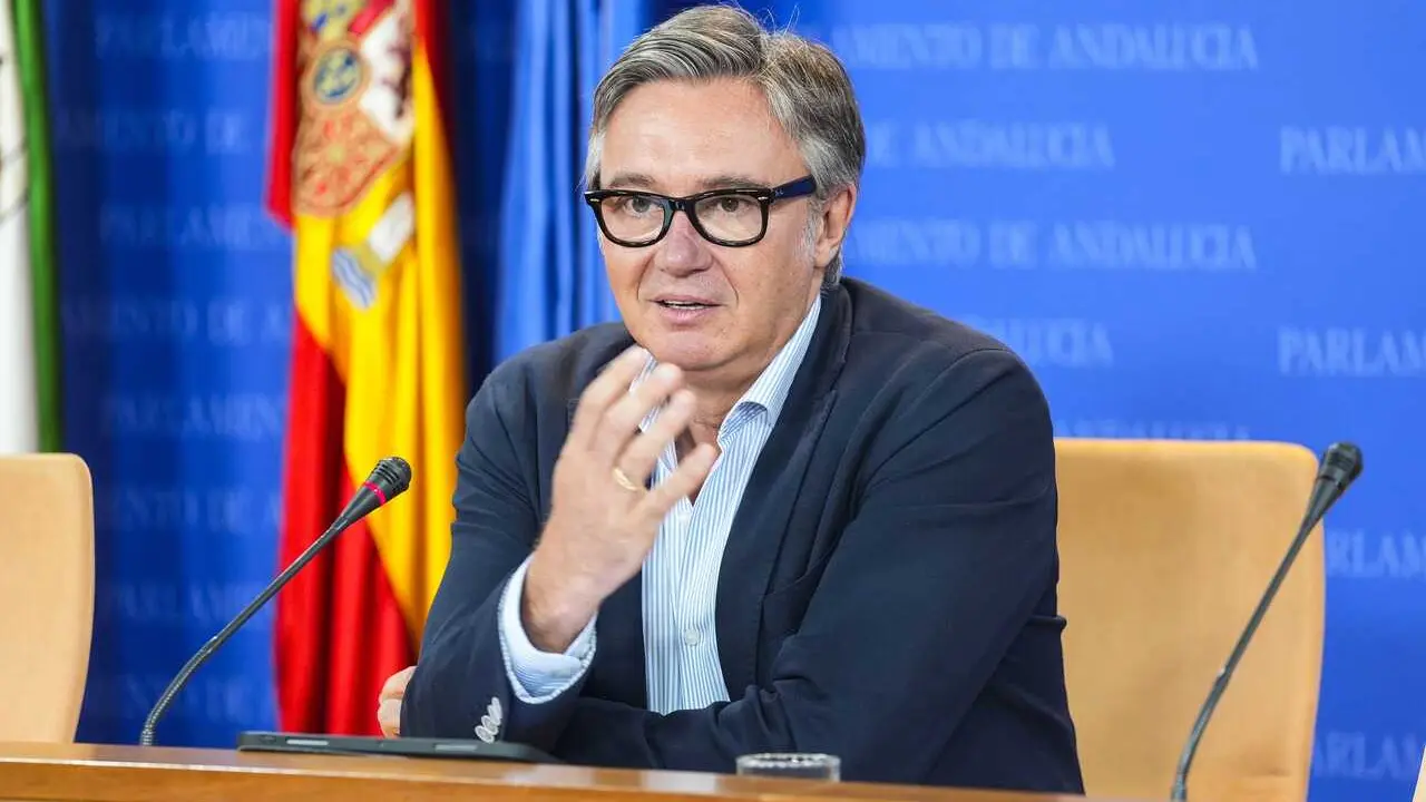 El vicepresidente segundo y consejero de Turismo, Desregulaci&oacute;n, Justicia y Administraci&oacute;n Local de la Junta, Manuel Gavira, en una rueda de prensa en el Parlamento. Imagen de archivo.