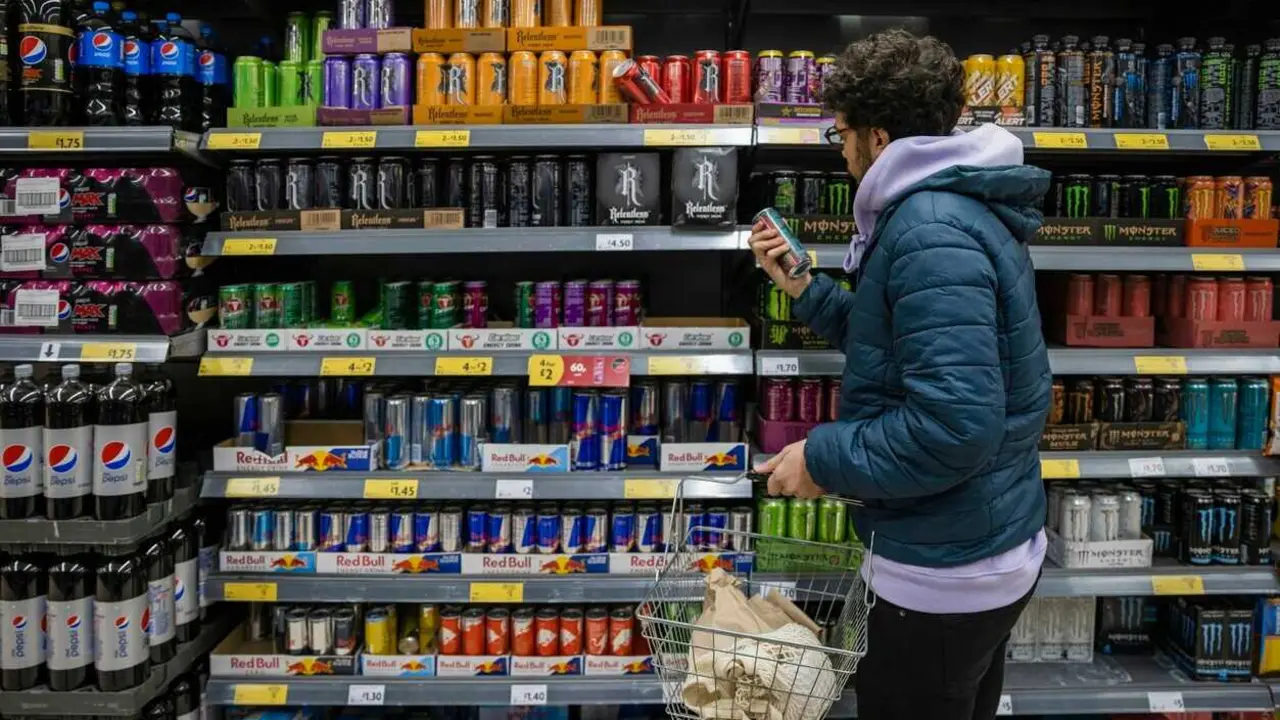 Archivo - Un joven mira la secci&oacute;n de bebidas energ&eacute;ticas en el supermercado.