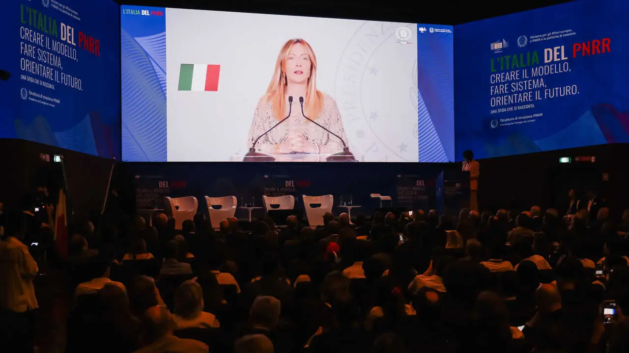 IPA87125553 - Milan: The event &ldquo;Italy&rsquo;s PNRR: Creating the Model, Building a System, Shaping the Future&rdquo; at the National Museum of Science and Technology. Pictured: Giorgia Meloni (Prime Minister of the Italian Republic)