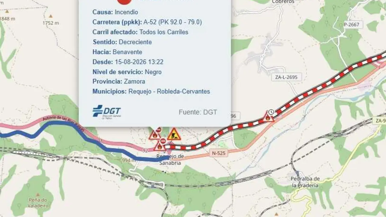 Informaci&oacute;n en la web de la DGT sobre la A-52.