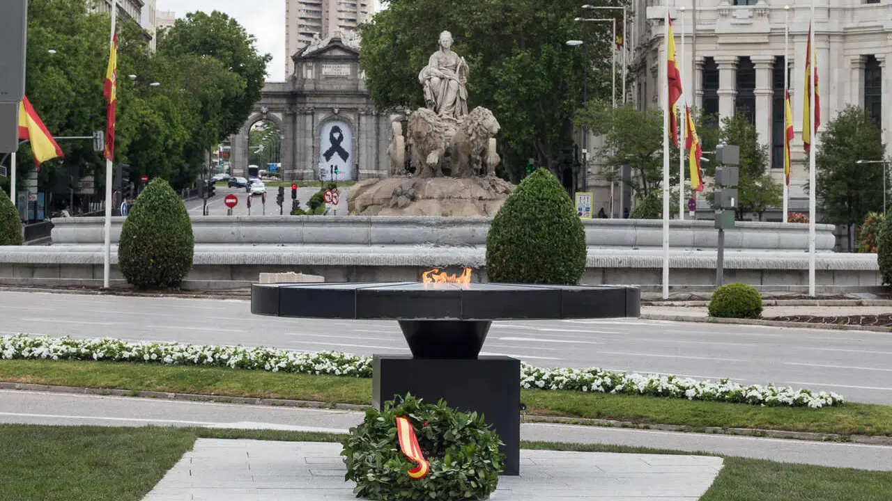 The cauldron was inaugurated, in Plaza de Cibeles, in memory of the deceased of Covid-19 during a Covid-19 Pandemic on May 15, 2020 in Madrid, Spain