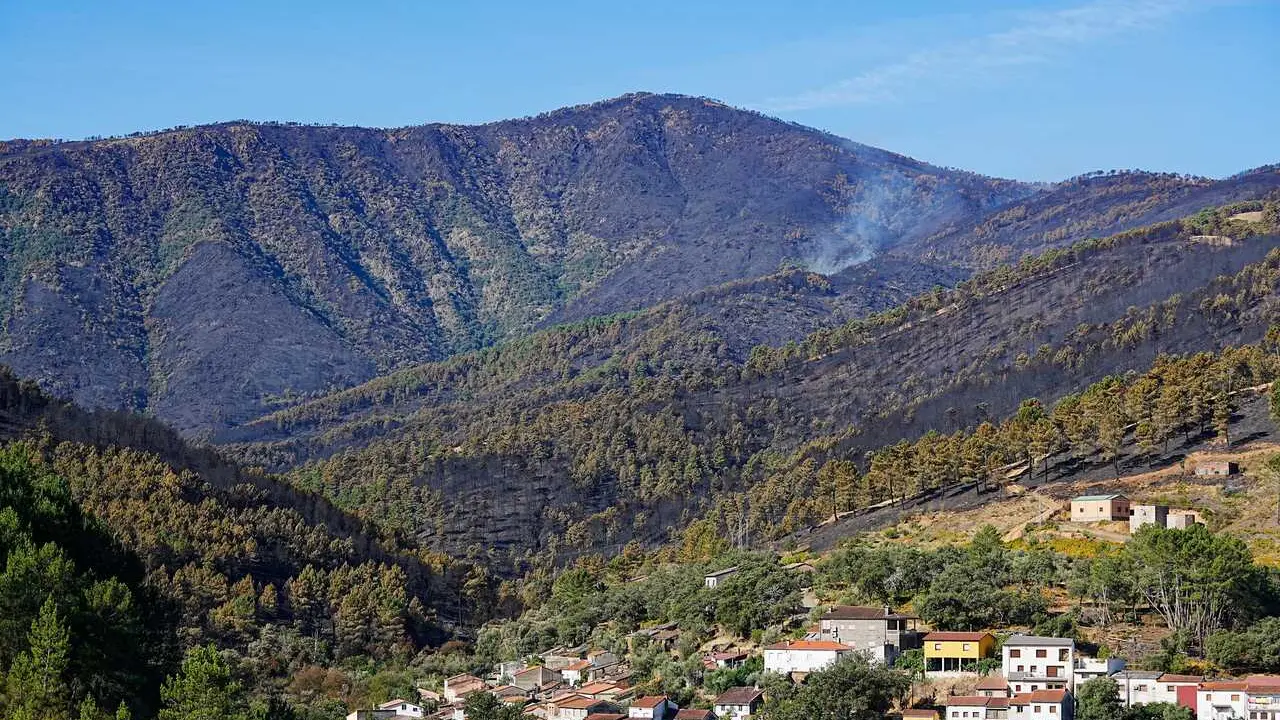 Vista del paisaje de Nu&ntilde;omoral con una columna de humo en el bosque, a 21 de agosto de 2026, en Nu&ntilde;omoral, C&aacute;ceres, Extremadura (Espa&ntilde;a). El incendio se encuentra desde el viernes estabilizado, aunque no est&aacute; extinguido ni controlado.