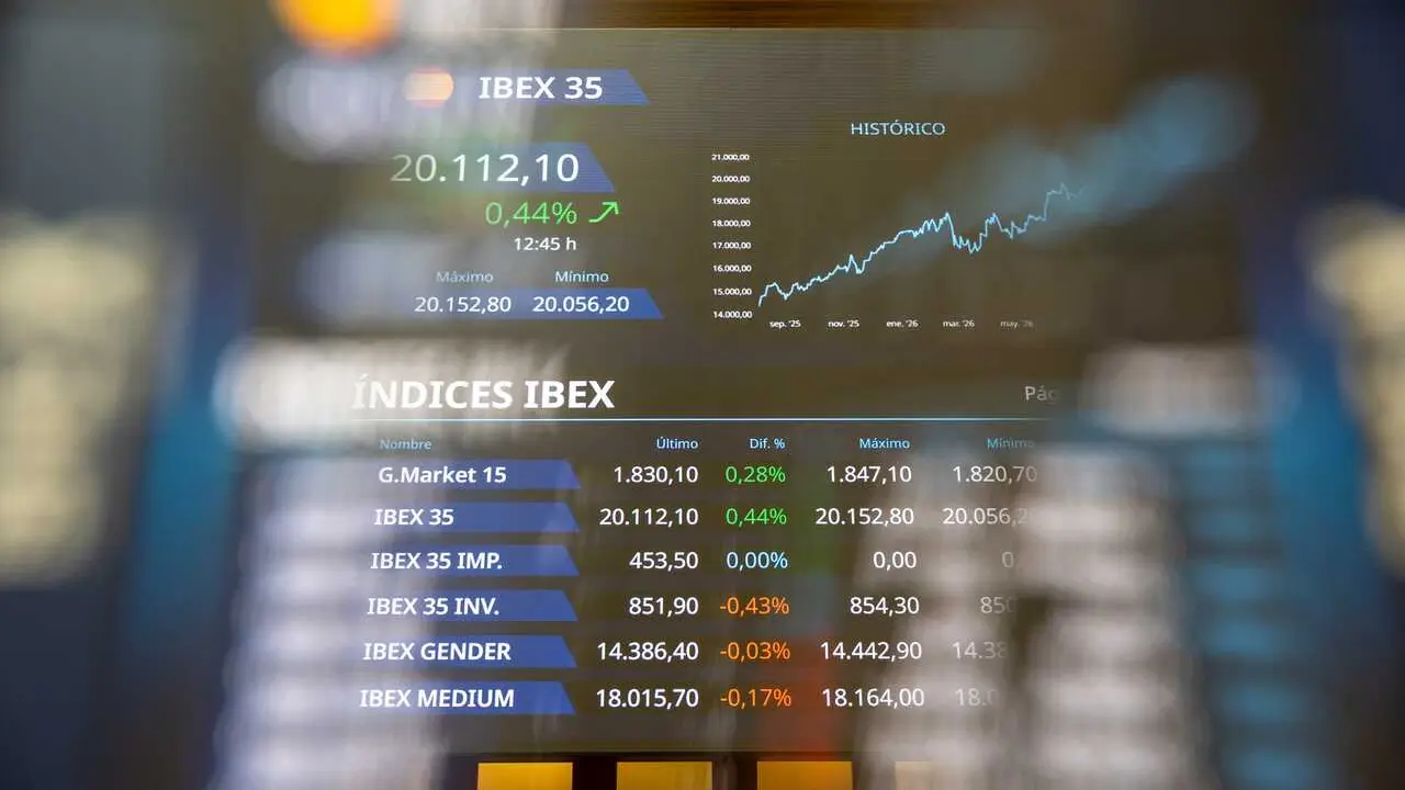 Pantalla con datos del Ibex en el Palacio de la Bolsa de Madrid.