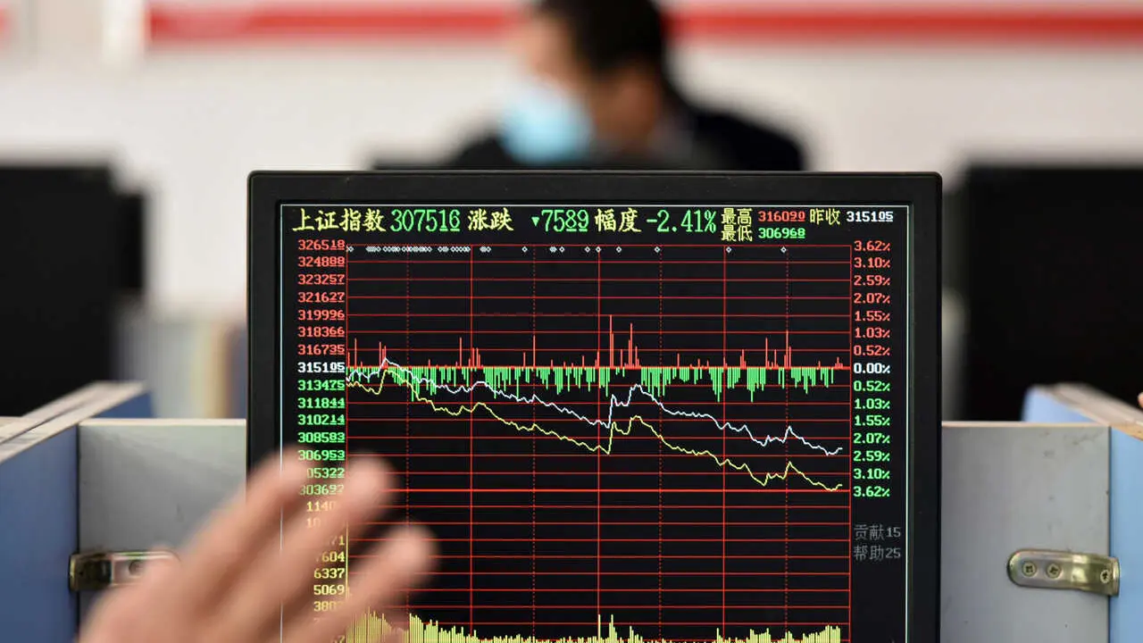 Data from the Shanghai Composite Index are displayed on a computer screen at a securities office in Fuyang. Chinese stocks closed lower on Thursday, with the benchmark Shanghai Composite Index down 2.26 percent, at 3,079.81 points. The Shenzhen Component Index closed 2.7 percent lower at 11,084.28 points.
