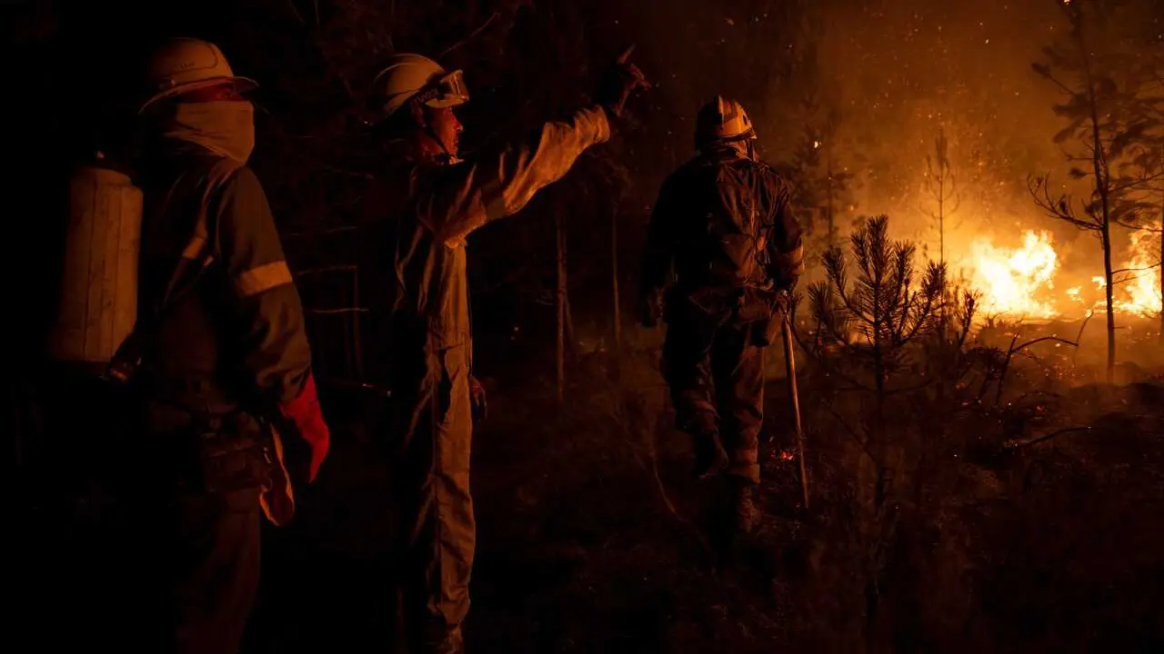 Archivo - Un grupo de bomberos forestales tratan de extinguir el fuego, a 22 de agosto de 2025, en Argayo, Le&oacute;n, Castilla y Le&oacute;n (Espa&ntilde;a). 