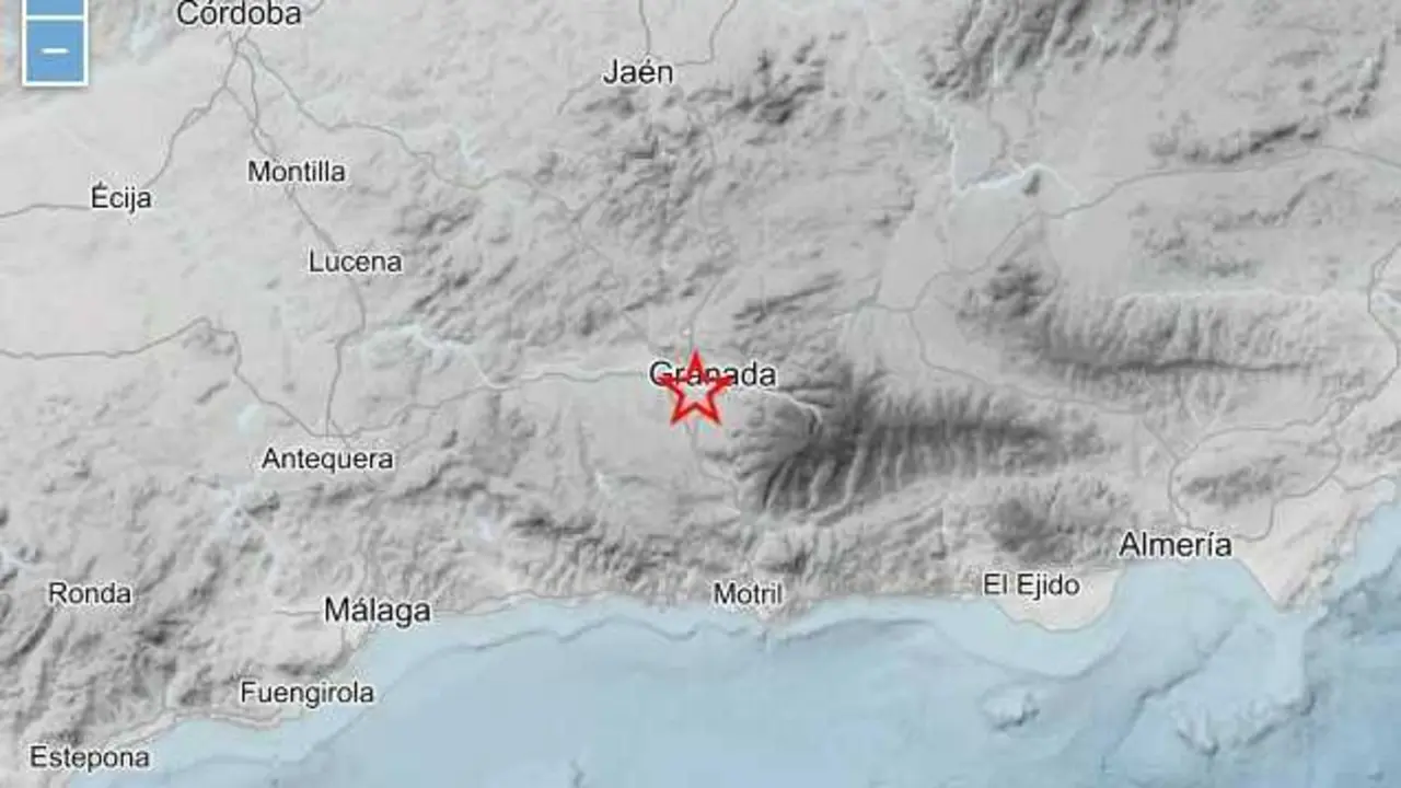 Mapa de la provincia de Granada con la se&ntilde;alizaci&oacute;n del epicentro de un se&iacute;smo sentido en Churriana de la Vega.