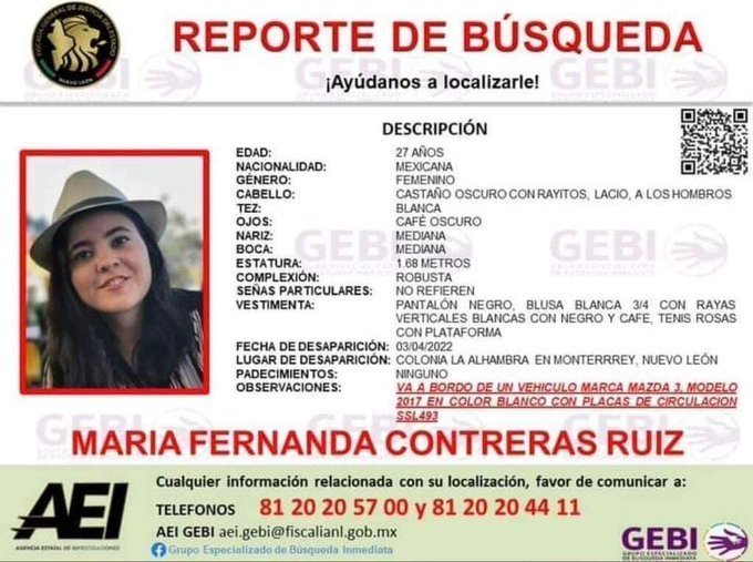 Reporte de Búsqueda de María Fernanda Contreras Ruiz. Fuente Twitter @FUNDENL
