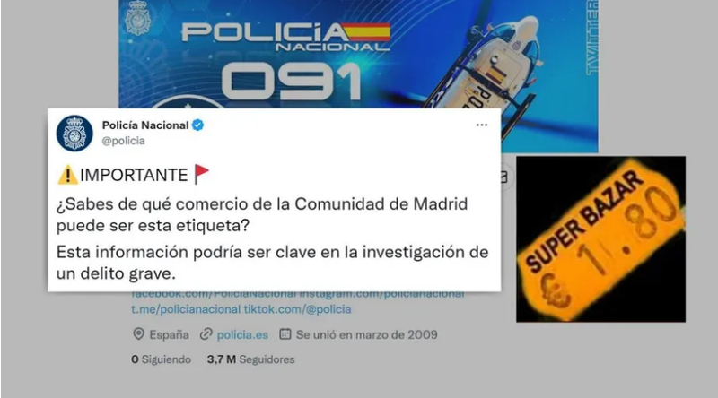 El tuit de la Policía Nacional junto a la etiqueta dejada en la escena del crimen